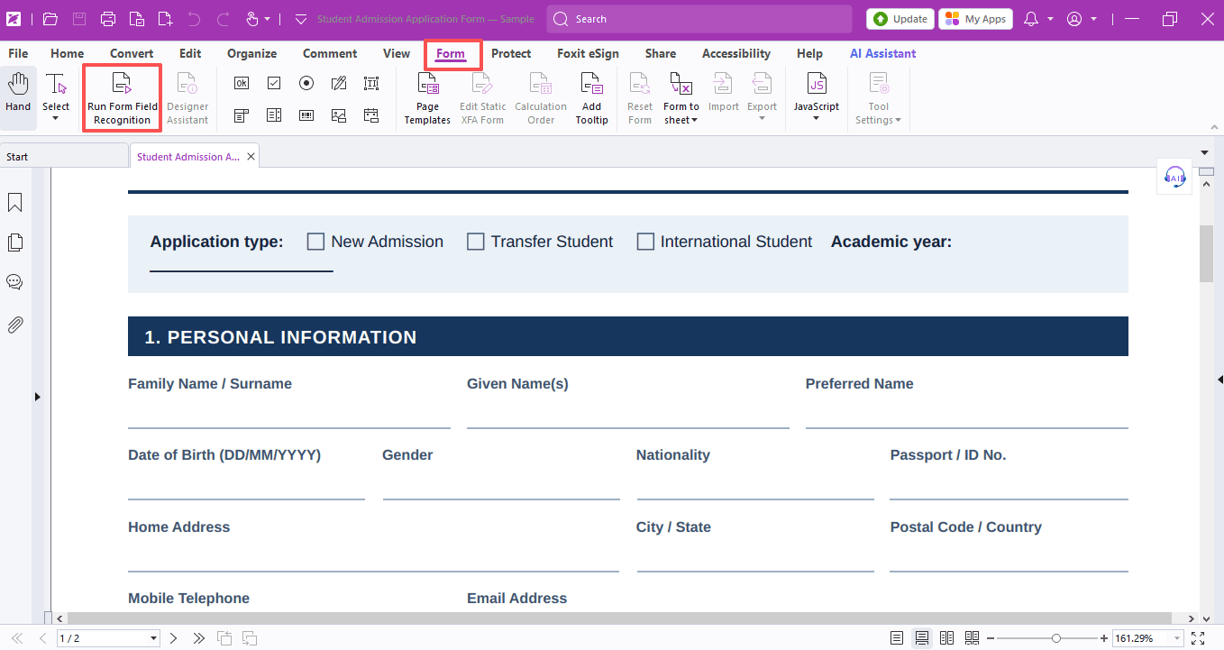 Foxit PDF Editor Form tool toolbar