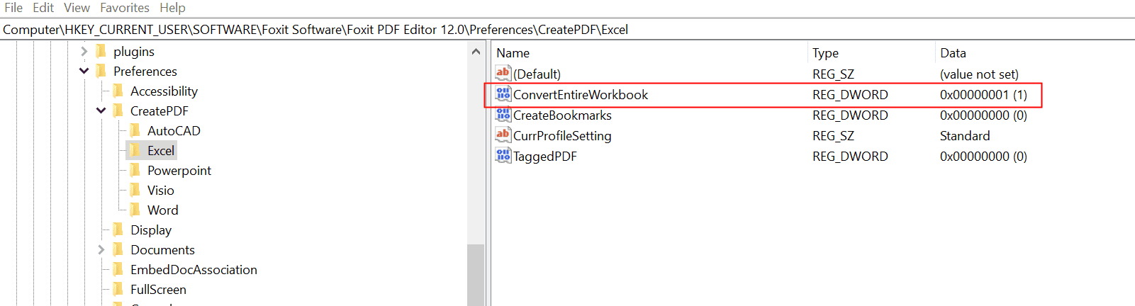 If option "Convert entire Excel workbook" checked, you will find the value will be changed in Registry Editor>...